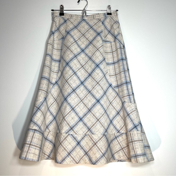 PINORE Wool Blend Off-White Gray Light Blue Skirt Ruffle Hem Lined Size Small - Picture 2 of 7